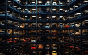 Aerial view new car lined up in the port for import and export business logistic to dealership for sale, Automobile and automotive car parking lot for commercial business industry. Created with Generative AI technology