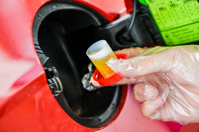 pouring oil in a car