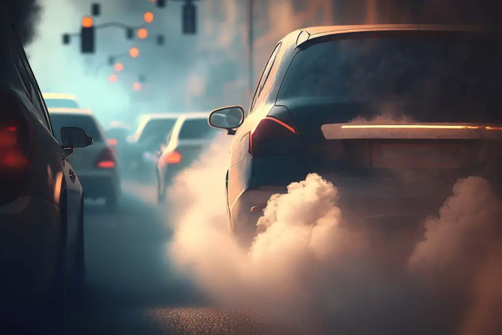 A car stuck in traffic with visible exhaust fumes