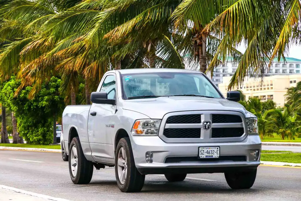 CANCUN, MEXICO - JUNE 4, 2017: Grey pickup truck Dodge Ram in the city street.