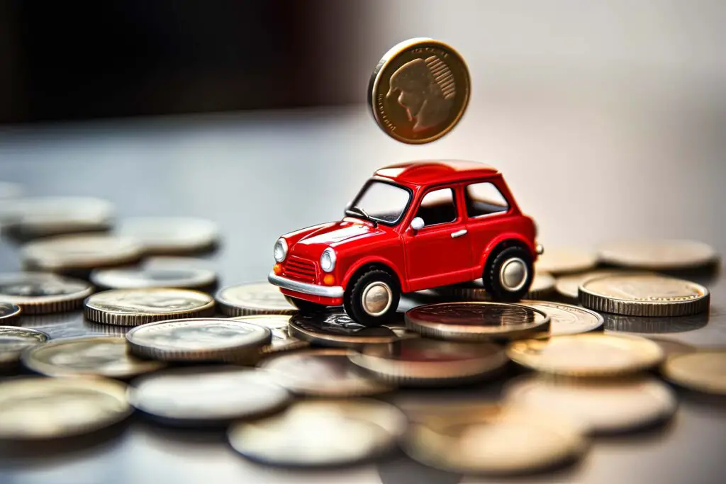 Red car with coins, auto tax and financing, car insurance and car loans, concept of savings money on car purchase