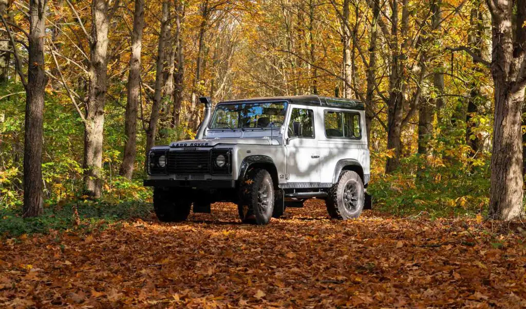 A Land Rover Defender car in a forest