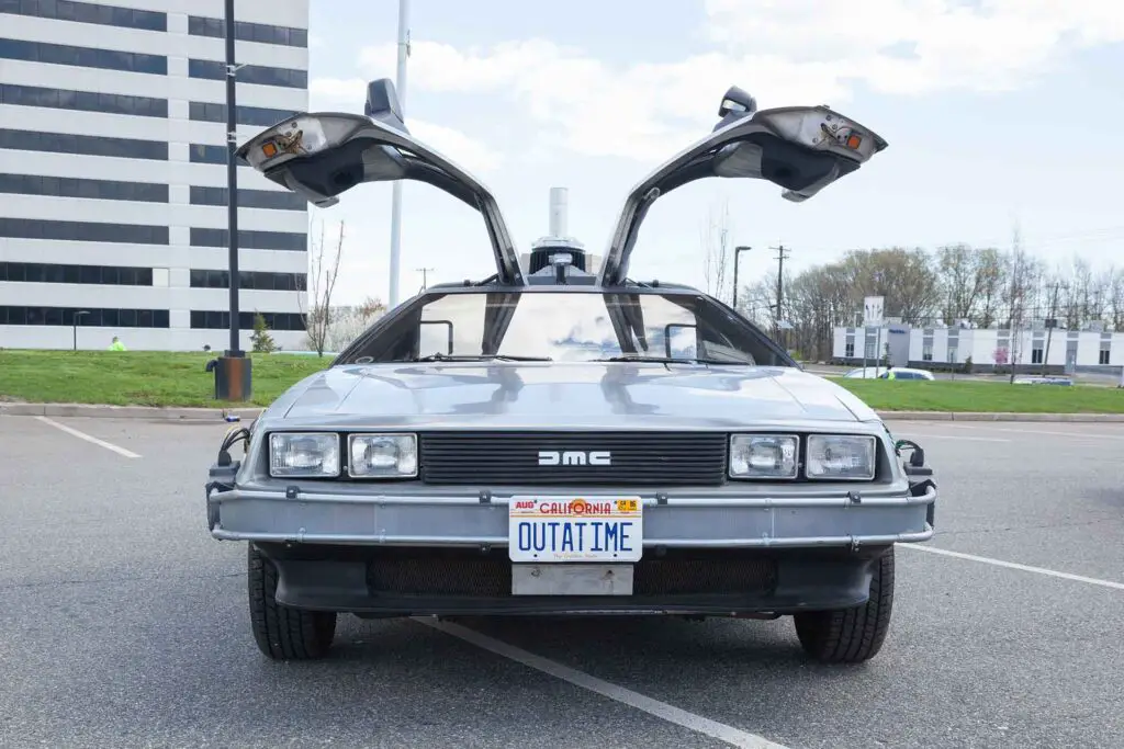 A replica of the Back to the Future DeLorean is shown at a local car show