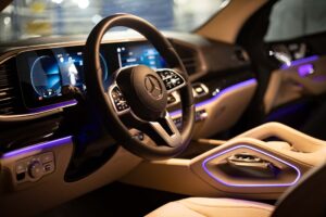 moscow, russia - december 24, 2019: close-up of premium LED ambiant light empty interior of premium SUV Mercedes GLS class night photo