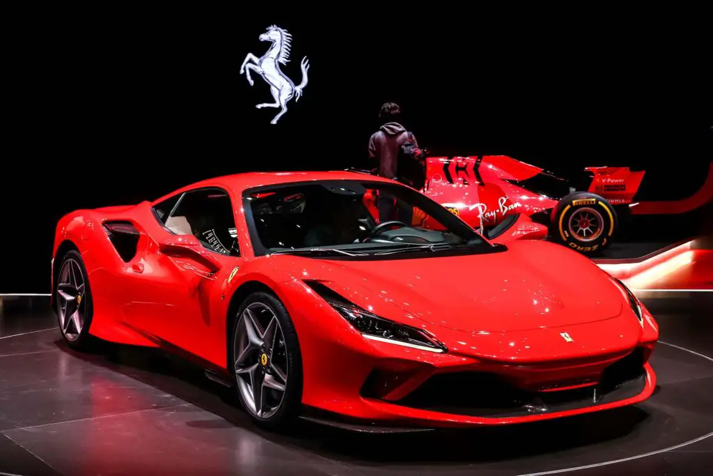 Geneva, Switzerland - March 10, 2019: Red Italian supercar Ferrari F8 Tributo presented at the annual Geneva International Motor Show 2019.