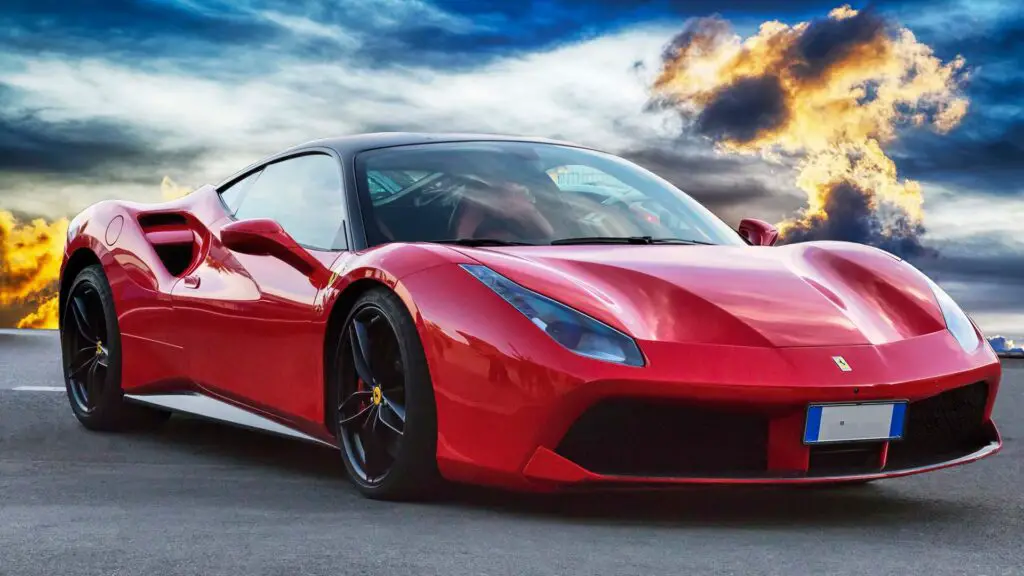 Rome, Italy - June 24, 2018: Luxury model sports car Ferrari 488 GTB placed on a scenic background. The Ferrari 488 is an Italian sports car produced since 2015, powered by a 3.9 litre twin turbocharged V8.