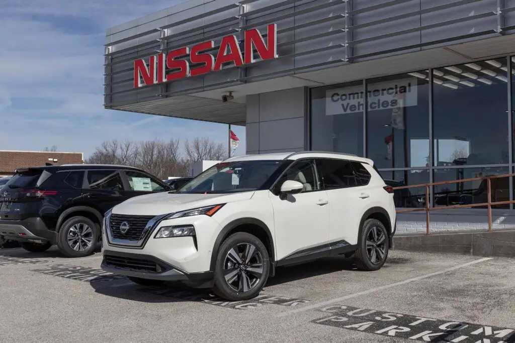 Indianapolis - Circa February 2023: Nissan Rogue display at a dealership. Nissan offers the Rogue in S, SV, SL and Premium models.
