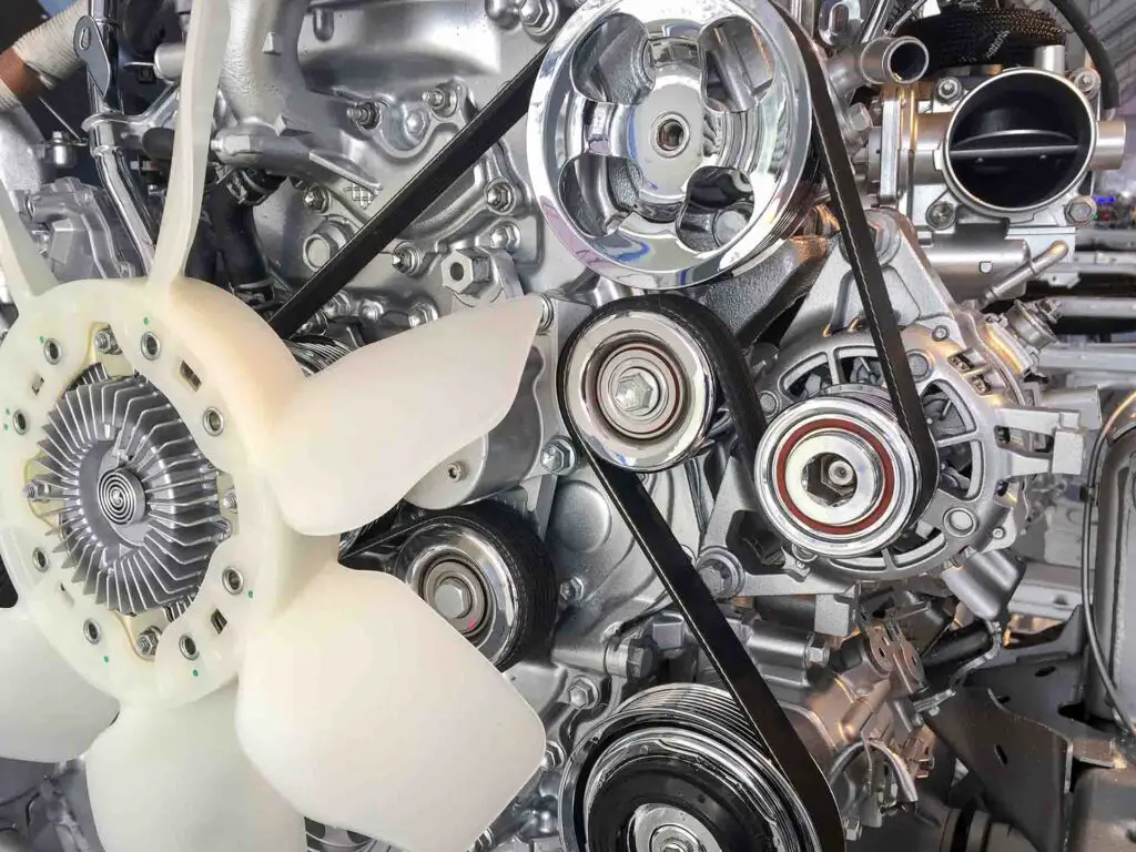 A car engine with a serpentine belt