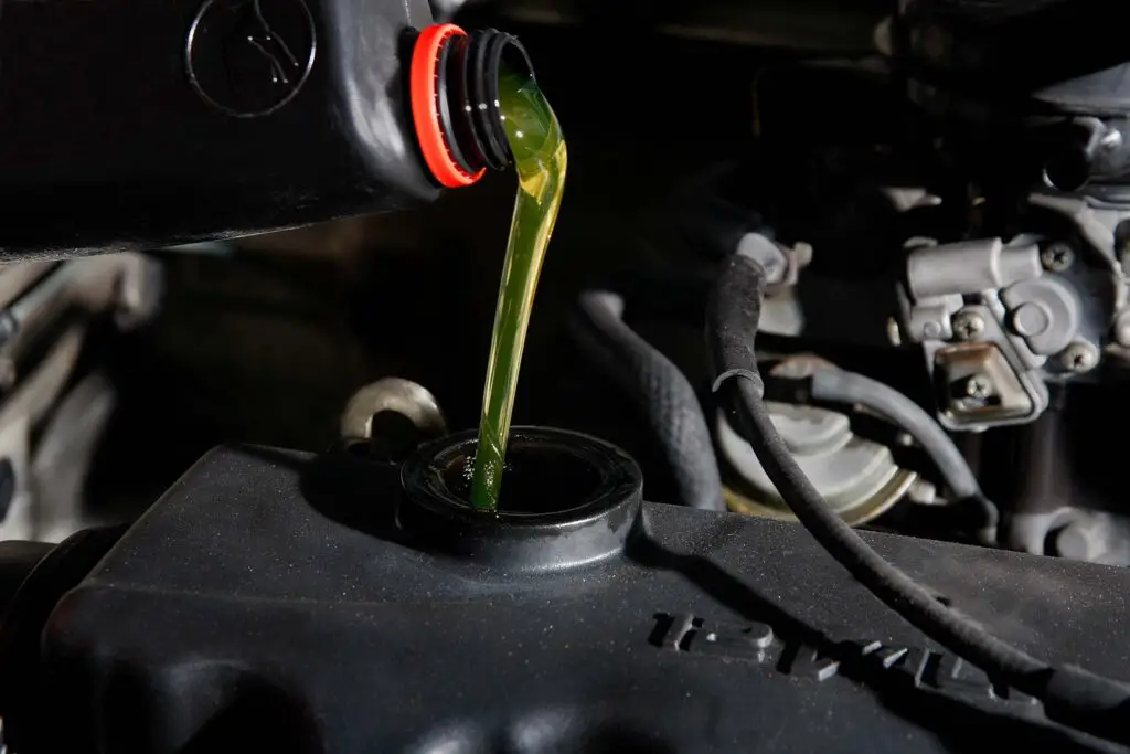 A mechanic puts fresh oil into the engine