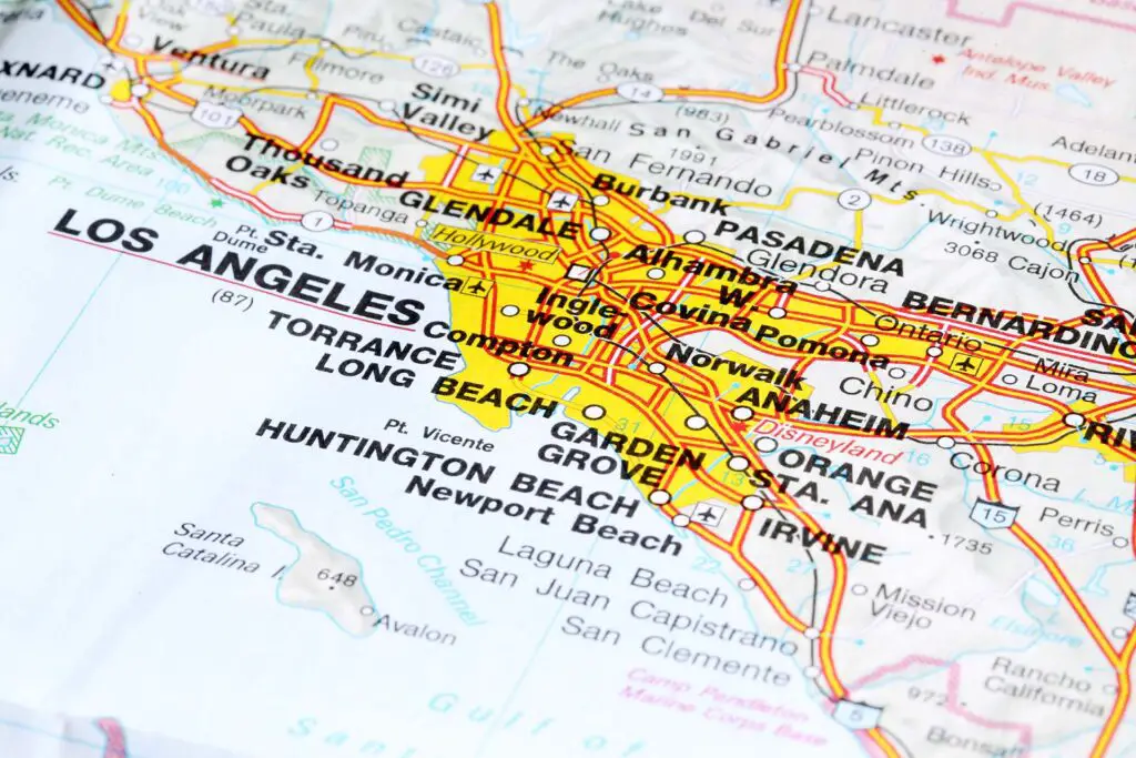 Los Angeles city road map area. State of California