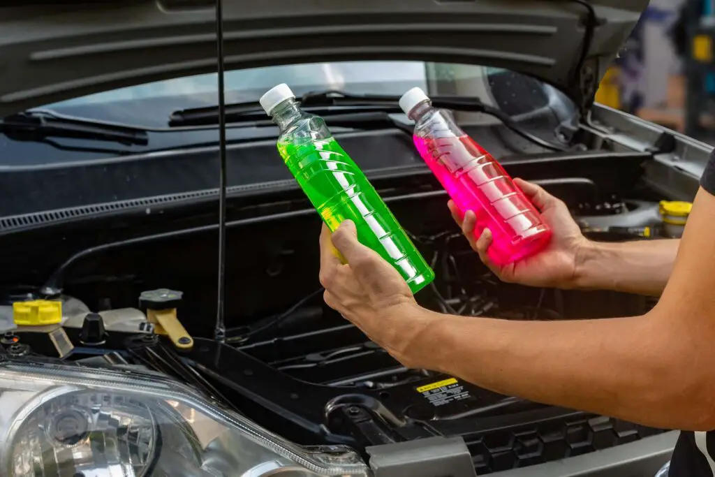 Topic of car repair shop: hands holding two products showing choice of pink or green coolant or antifreeze for cars. maintenance fluids or engine products.