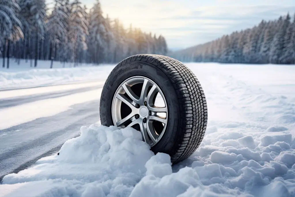 Closeup of a car tire in snow 