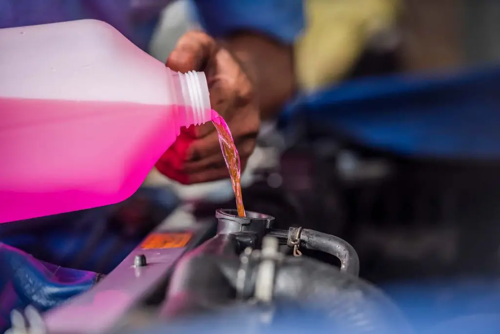 Person pouring premixed engine coolant into the cooling system