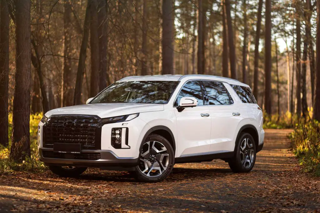 Hyundai Palisade SUV parked in the forest, front view
