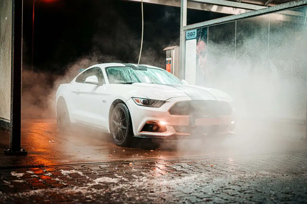A white Ford Mustang