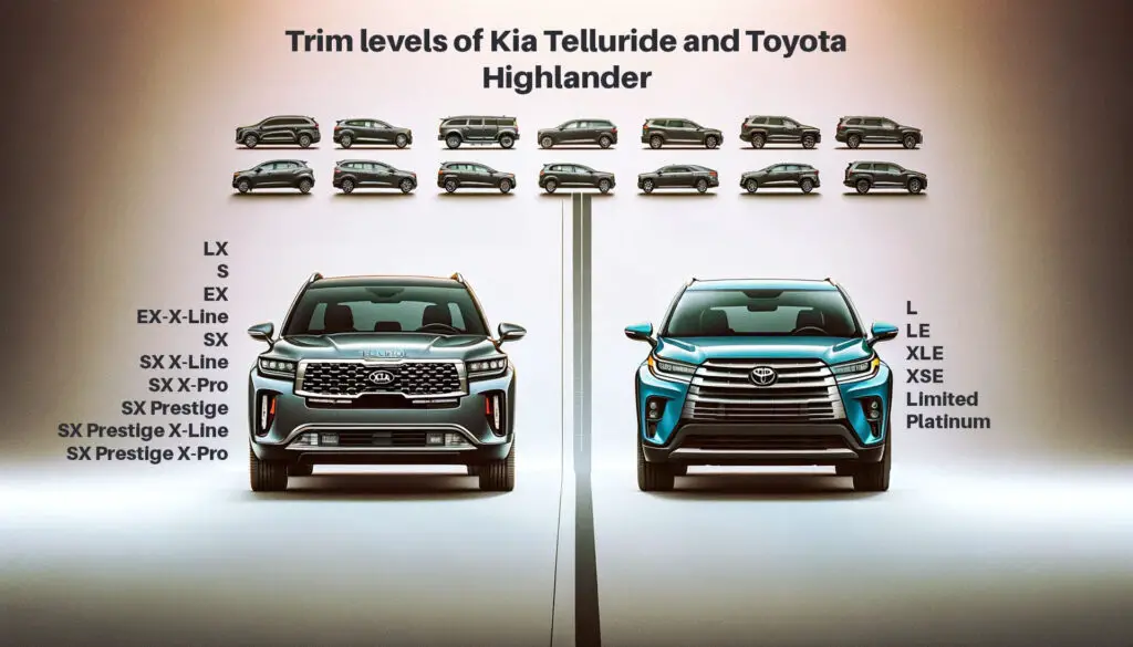 Trim level options of Kia Telluride and Toyota Highlander