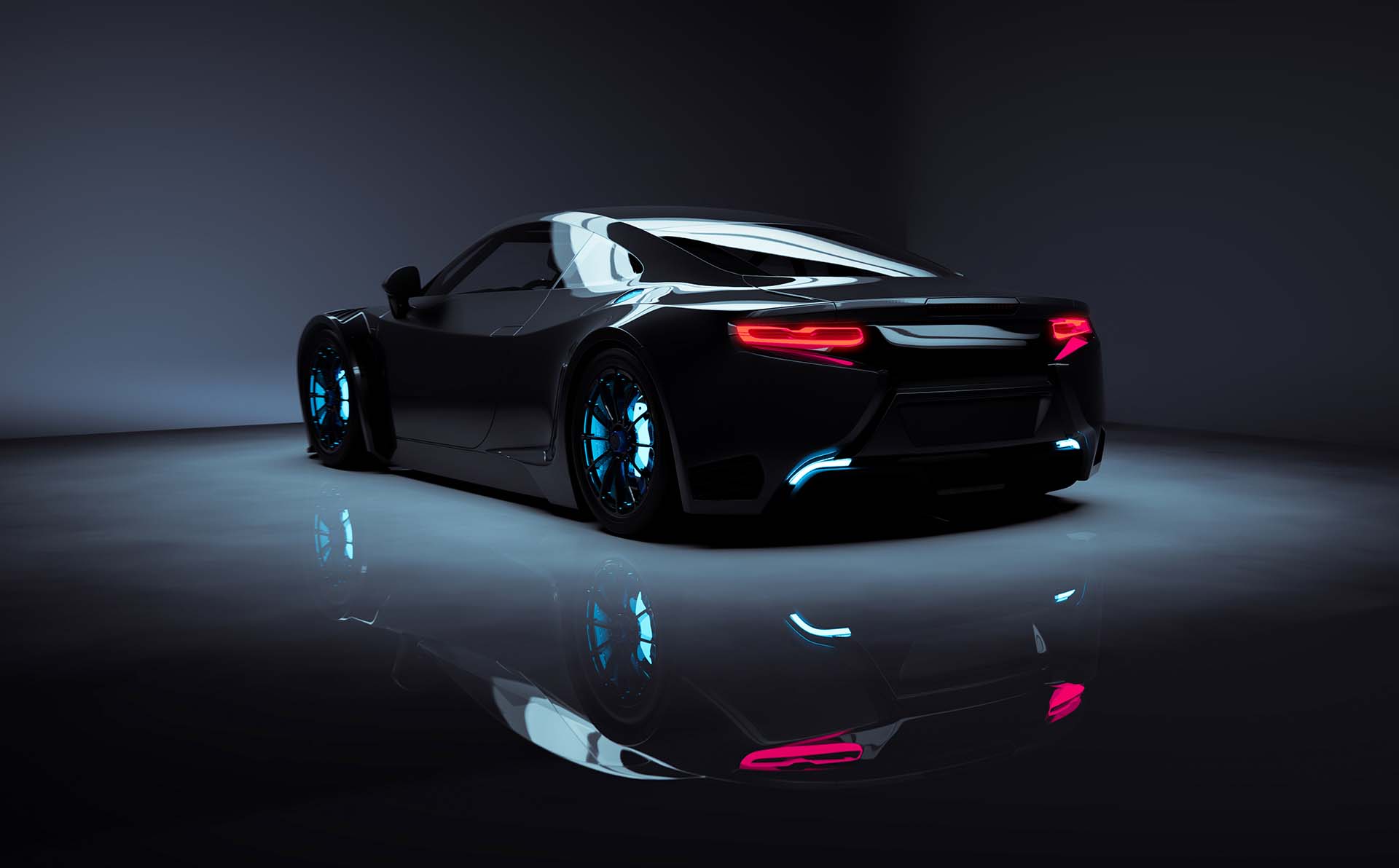 Modern sports car on dark studio background concept scene (3D Illustration)