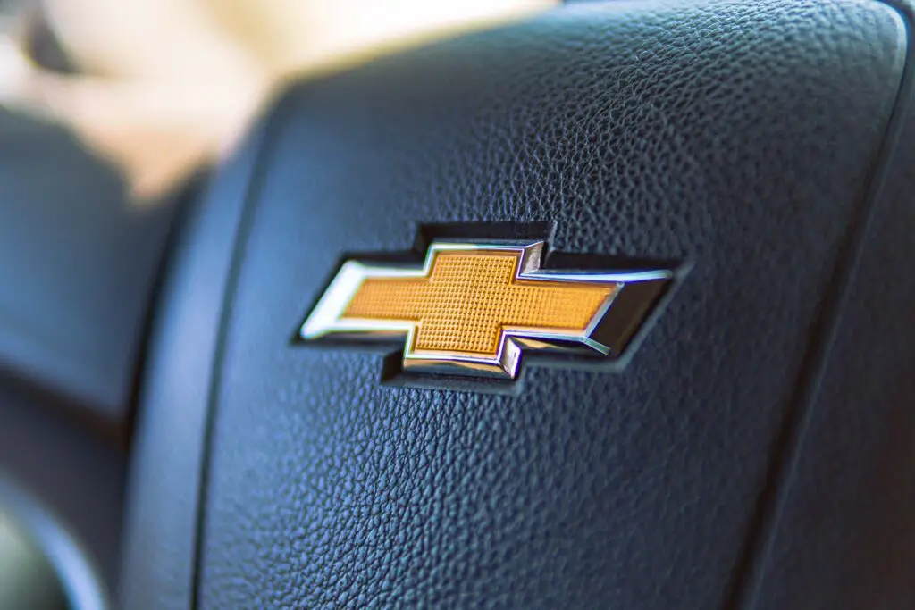 Close-up of Chevrolet logo on steering wheel