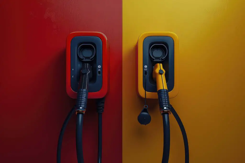 EV charging plug VS gas pump nozzle, electric vehicle concept