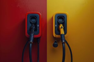 EV charging plug VS gas pump nozzle, electric vehicle concept