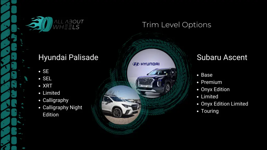 Trim level options of Hyundai Palisade and Subaru Ascent