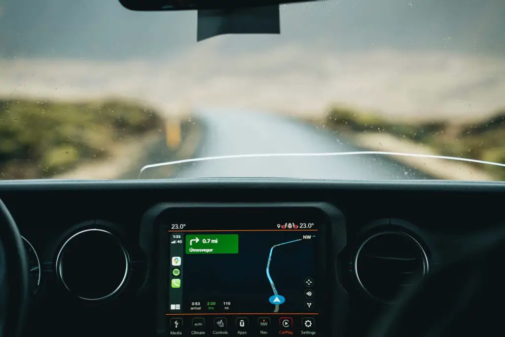 A car screen with navigation on it 