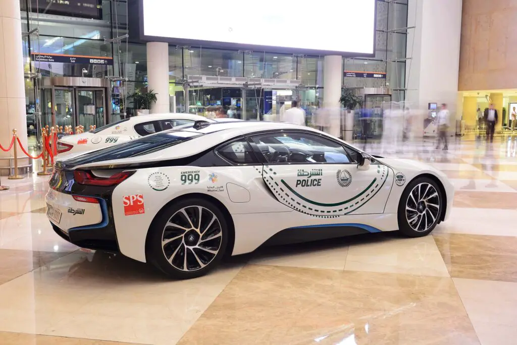 The BMW i8 electric car of Dubai Police is on Dubai Motor Show