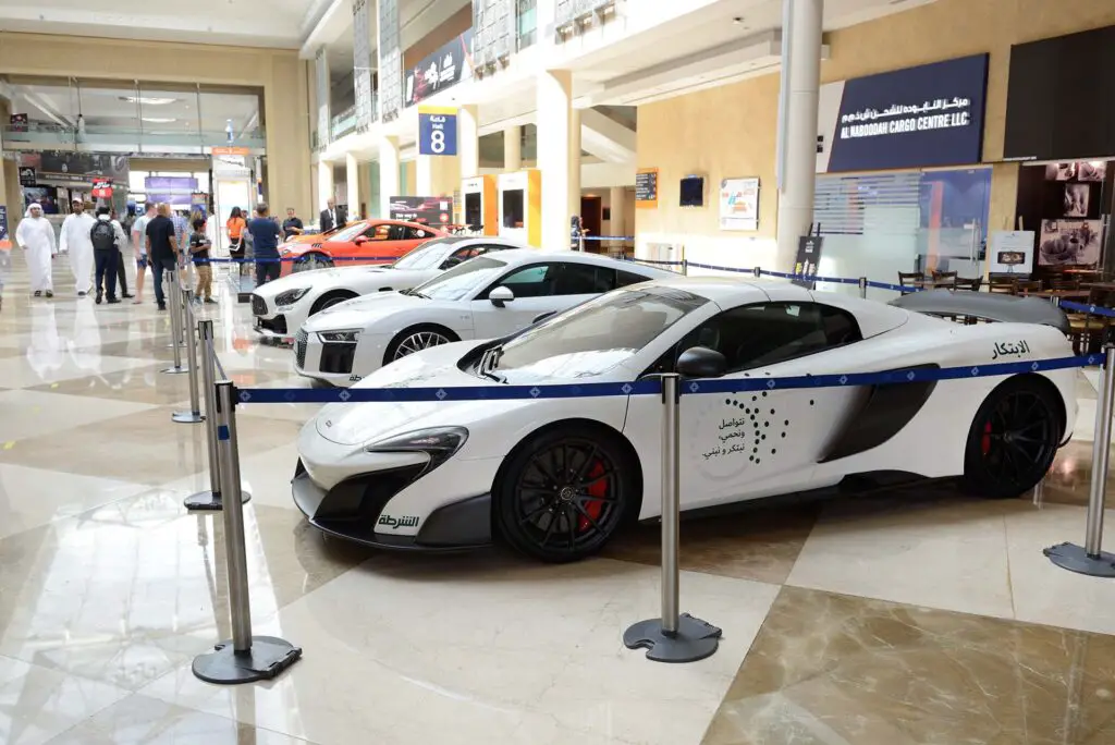 The McLaren 675LT, Audi R8 and Mercedes Benz GT R coupe of Dubai Police cars are on Dubai Motor Show