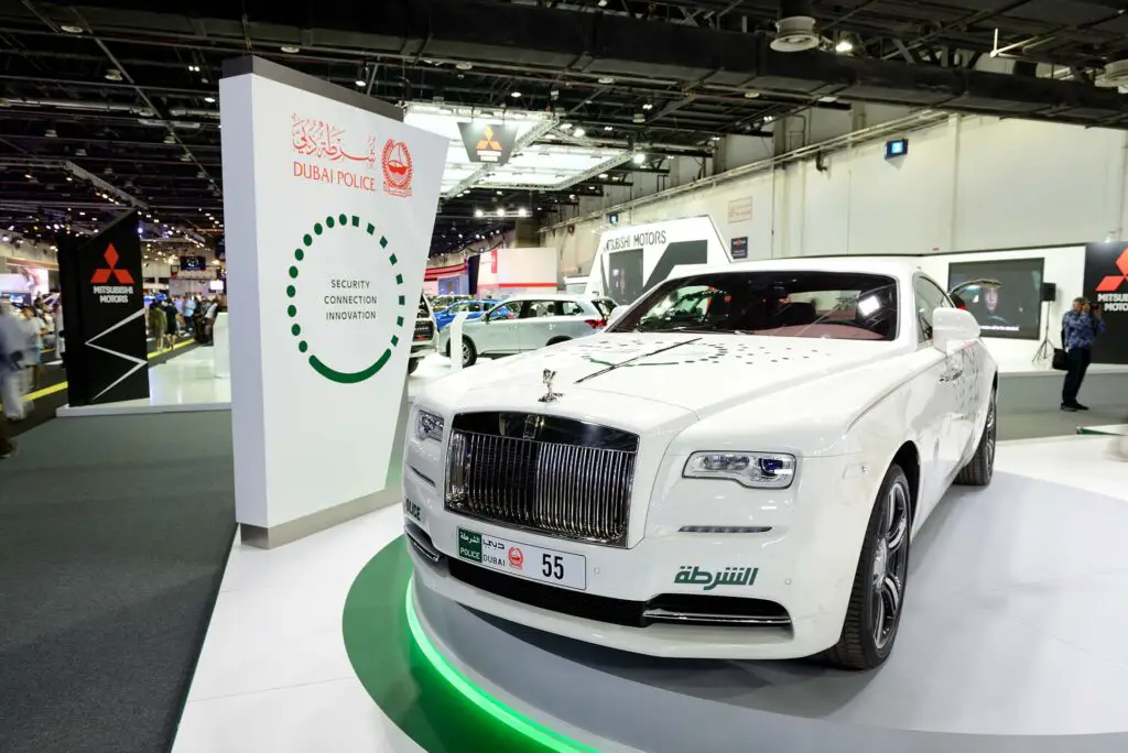 The Rolls Royce Wraith of Dubai Police car is on Dubai Motor Show