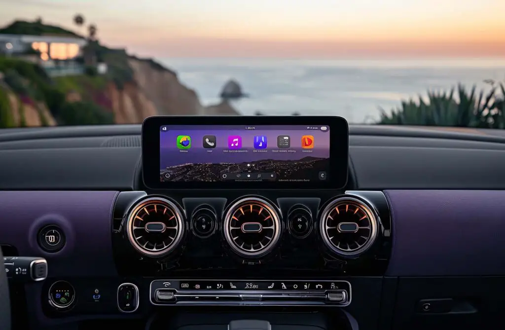 an image showcasing the interface of a car stereo with both Apple CarPlay and Android Auto