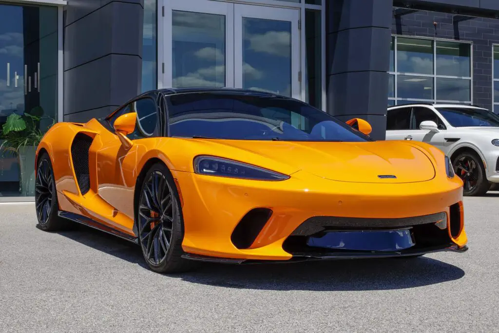 McLaren GT display at a dealership. McLaren offers the GT with a 4.0L twin turbocharged V8 engine. MY:2022