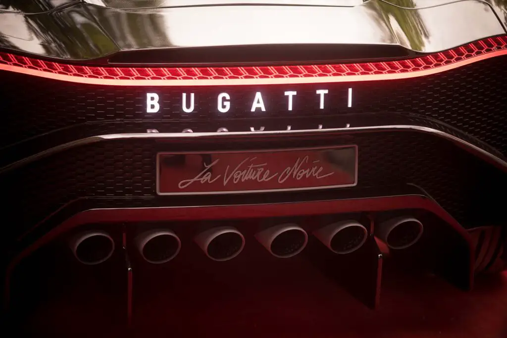 Illustrative editorial close up shot of the rear part of a Bugatti Voiture Noire car. Voiture Noire is a luxury sport supercar prototype concept-car GT by Bugatti.