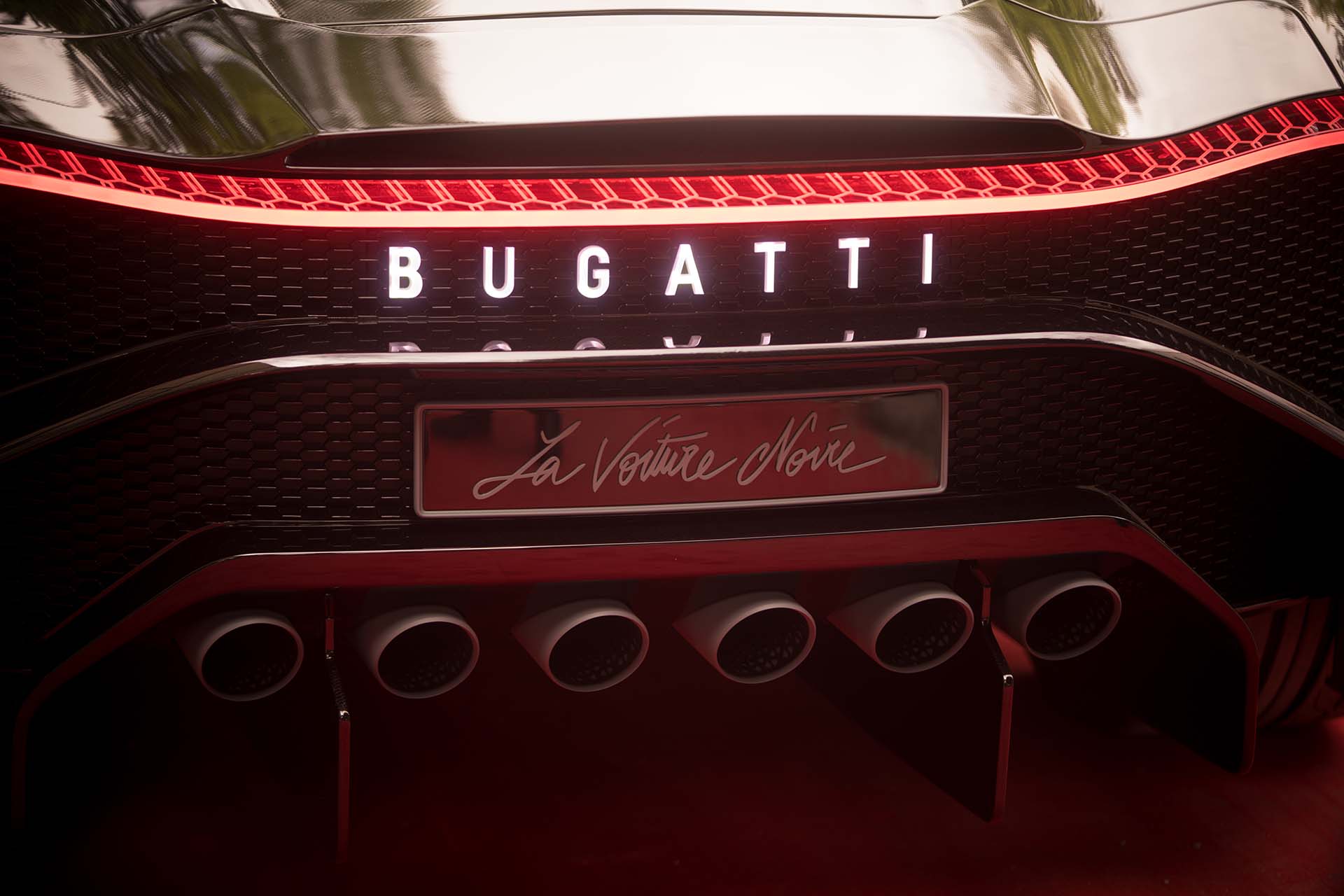 Illustrative editorial close up shot of the rear part of a Bugatti Voiture Noire car. Voiture Noire is a luxury sport supercar prototype concept-car GT by Bugatti.