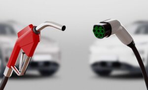 Diesel versus electric. Gas or electric station. 3d rendering illustration