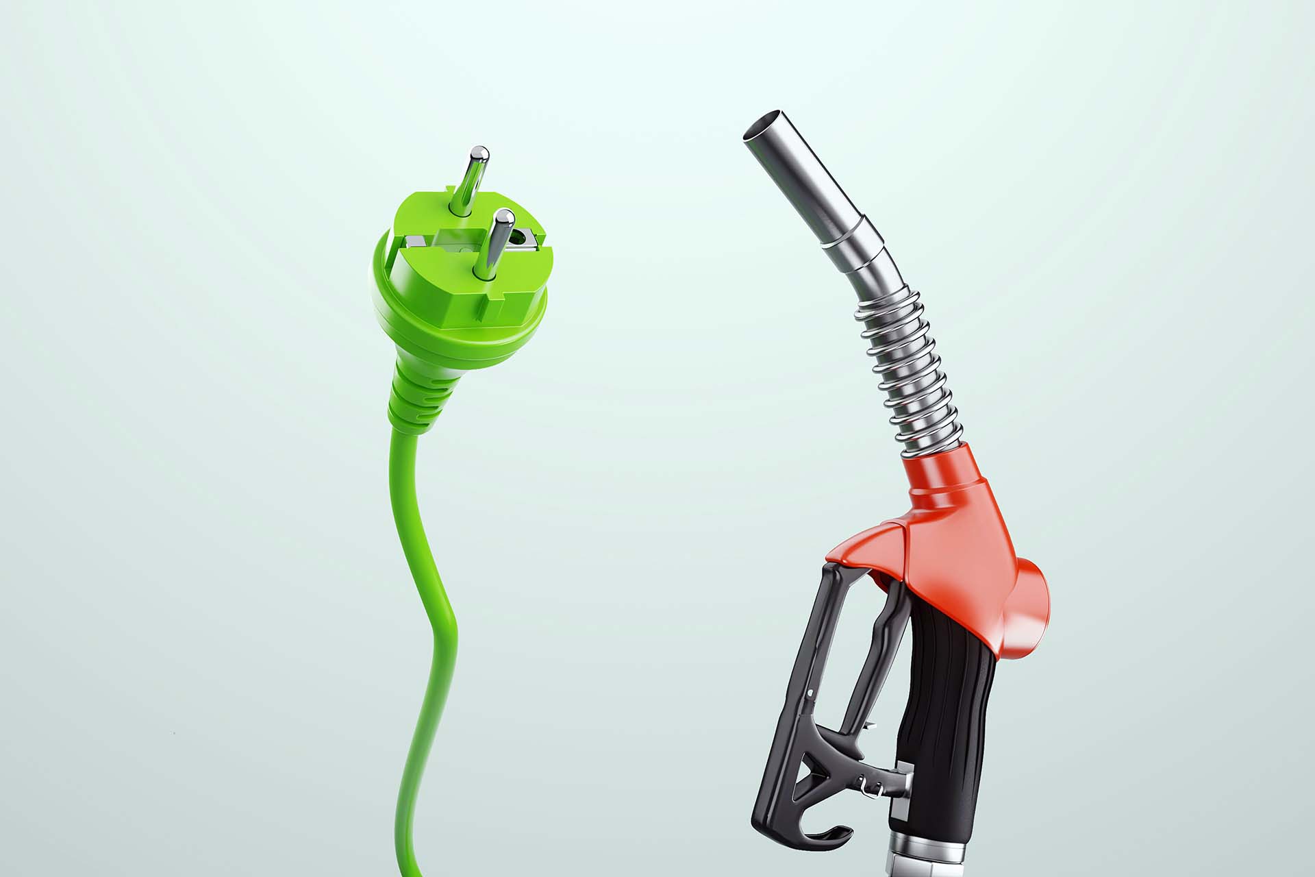 Electricity versus combustible fuel. Gas station nozzle and electrical plug. Technology, car costs, electric car vs gasoline car. 3D rendering, copy space.