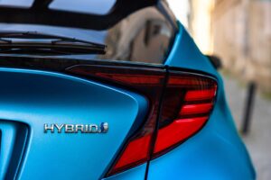 Closeup of blue Toyota C-HR Hybrid