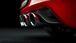 A close-up of a triple tailpipe on a red car