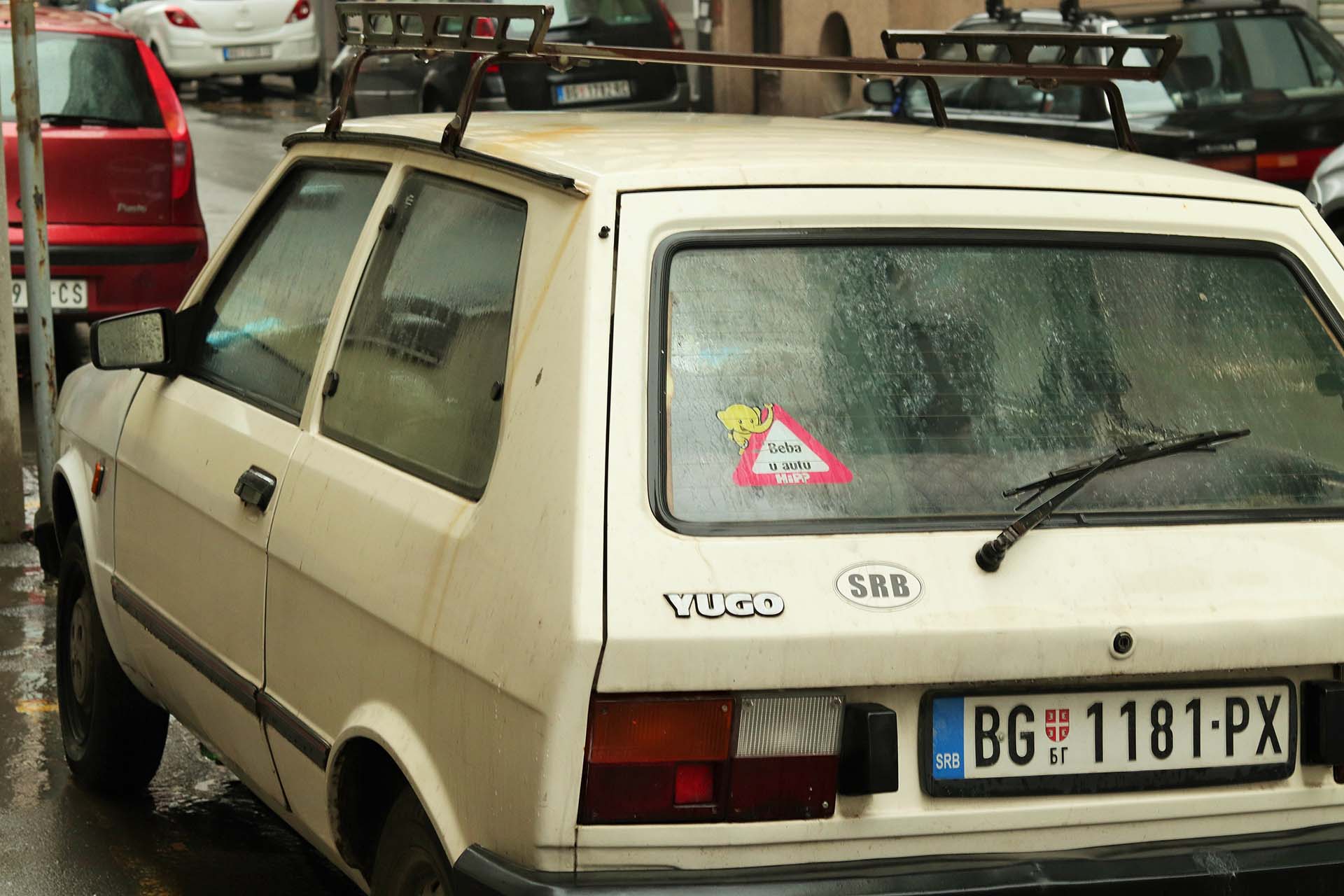 The back of a white Yugo Koral